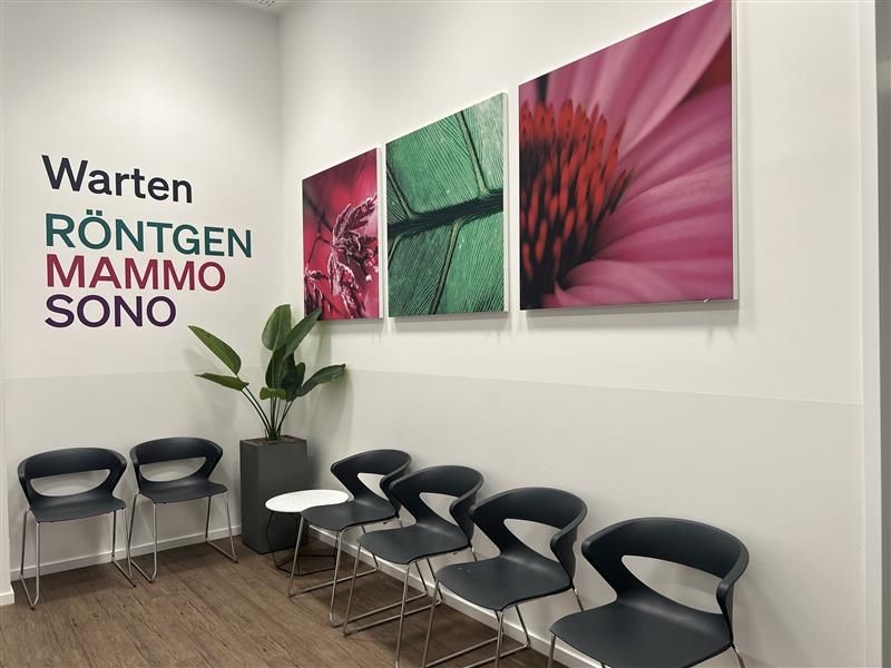 Wartebereich mit Schriftzug Warten, darunter RÖNTGEN, MAMMO, SONO. Neben den Stühlen stehen eine Pflanze und ein kleiner Beistelltisch.