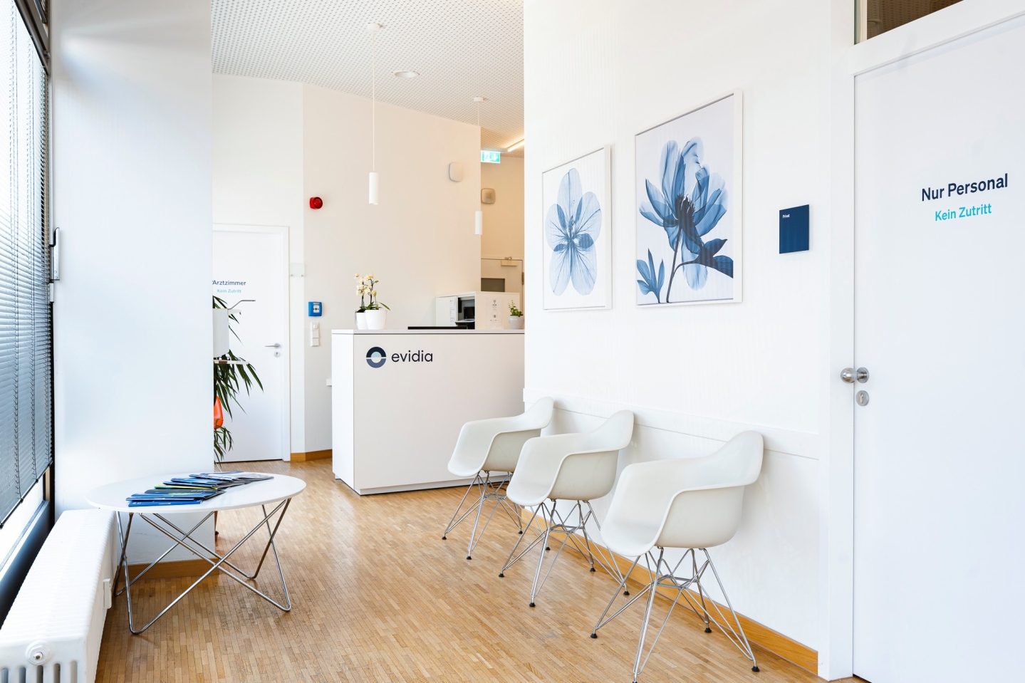 Ein heller Praxis-Eingangsbereich mit Parkettboden und einem weißen Empfangstresen im Hintergrund. Rechts an der Wand stehen drei weiße Schalenstühle unter zwei Bildern mit blauen Blumenmotiven. Links befindet sich ein niedriger, runder Beistelltisch mit Broschüren vor einer Fensterfront.