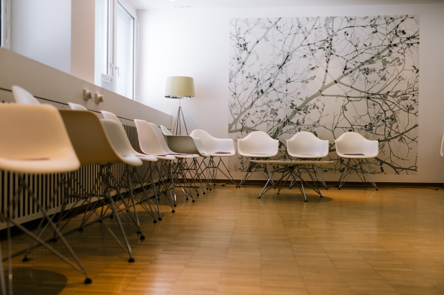 Helles Wartezimmer mit Holzboden. Moderne, weiße Stühle stehen entlang der Wand. An der Rückwand hängt ein Gemälde, in einer Ecke steht eine Stehlampe.
