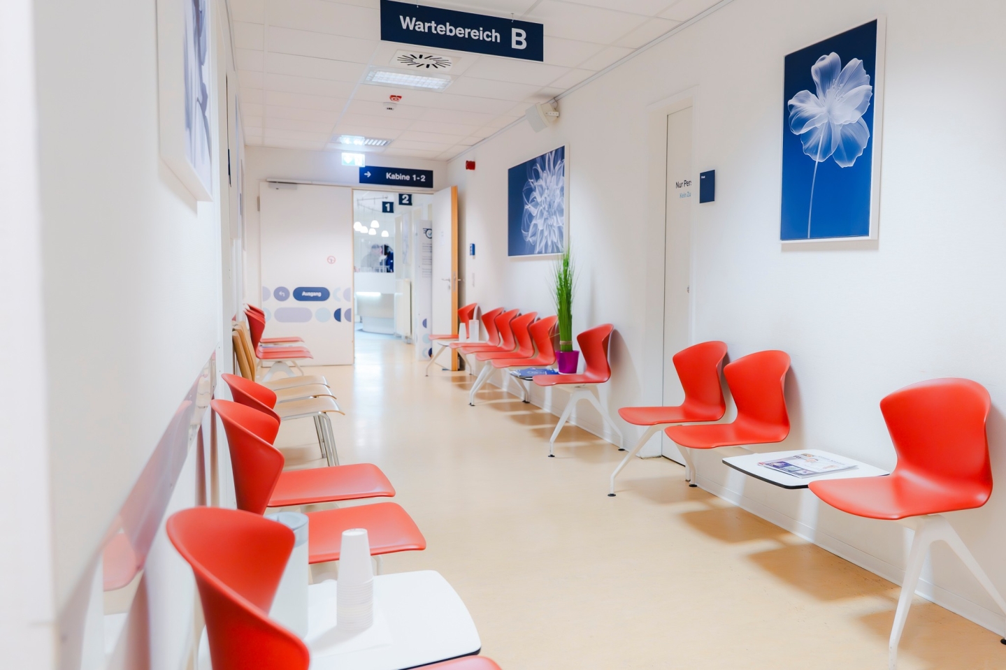 Ein langer, hell ausgeleuchteter Flur, der als „Wartebereich B“ ausgeschildert ist. An den weißen Wänden stehen Reihen von roten Kunststoffstühlen für wartende Patienten. Blaue Kunstwerke mit Blumenmotiven setzen Farbakzente. Am Ende des Ganges führen Türen zum Ausgang und zu den Kabinen 1–2.
