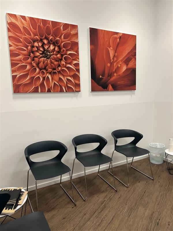Wartebereich mit drei Stühlen, darüber großformatige Bilder von orange-roten Blumen.